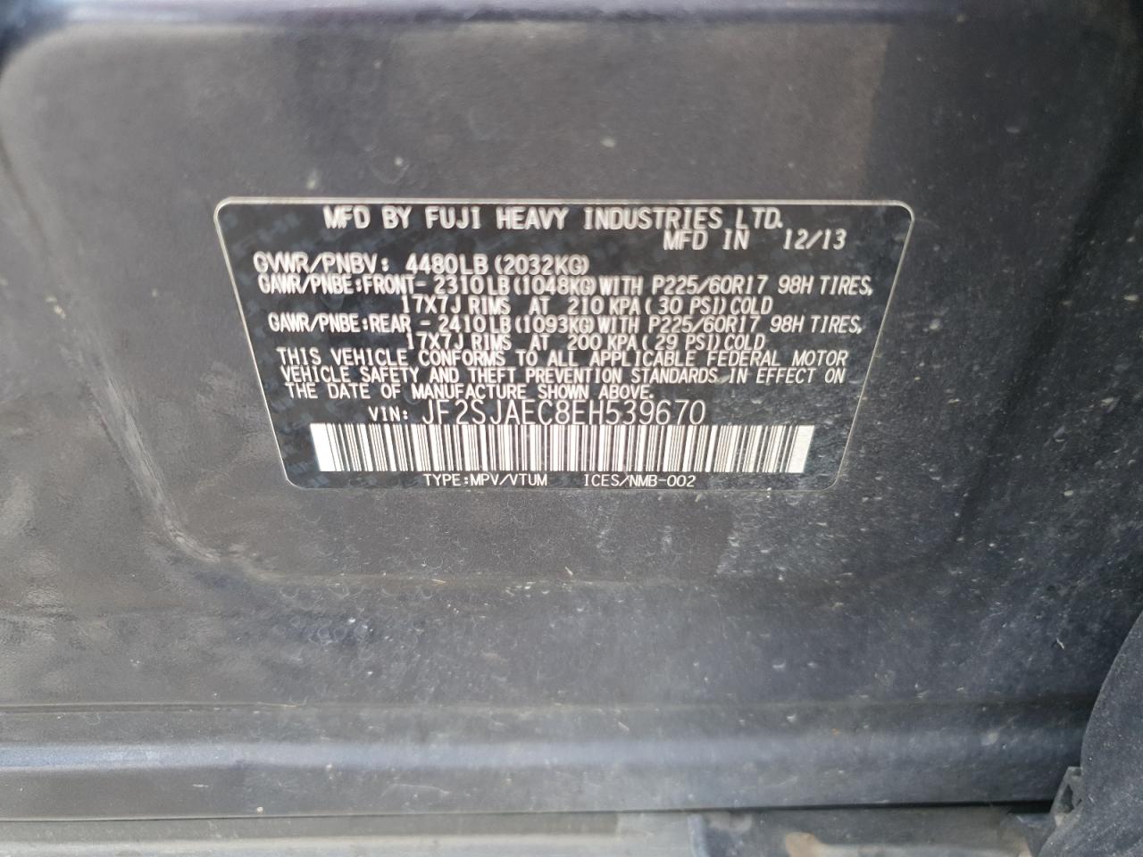 2014 Subaru Forester 2.5I Premium VIN: JF2SJAEC8EH539670 Lot: 65036515