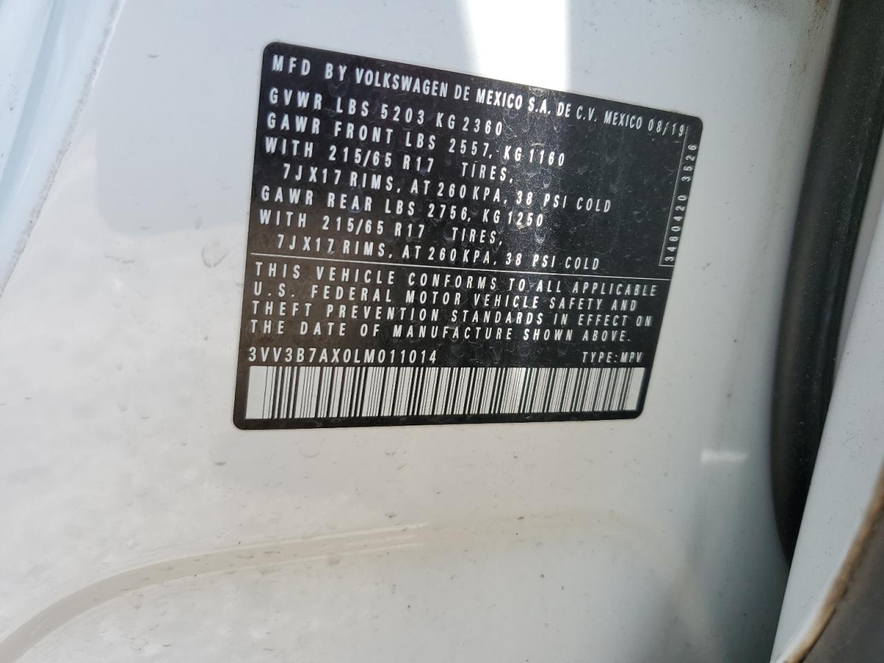 2020 Volkswagen Tiguan Se VIN: 3VV3B7AX0LM011014 Lot: 64426005