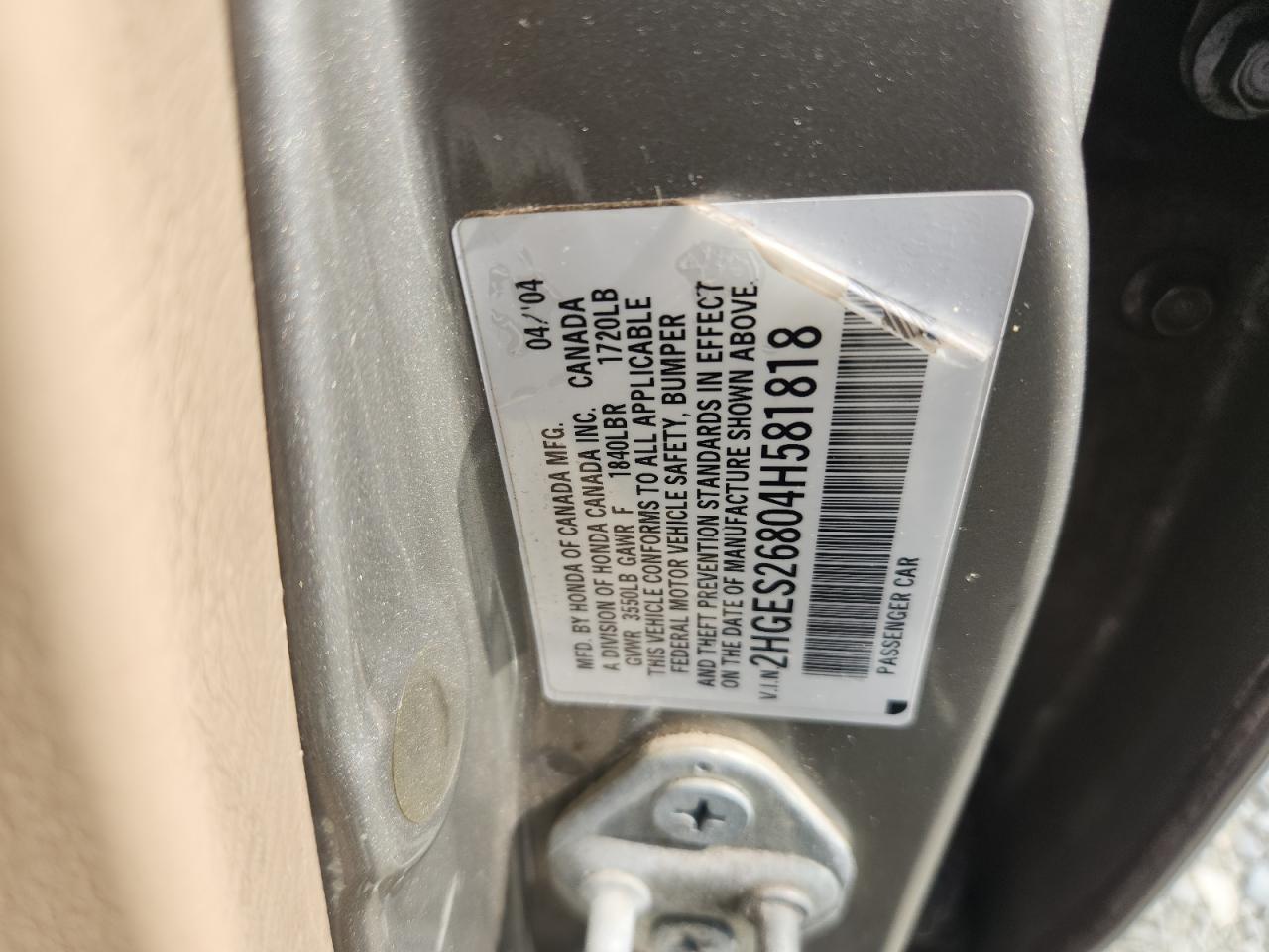 2004 Honda Civic Ex VIN: 2HGES26804H581818 Lot: 64684355