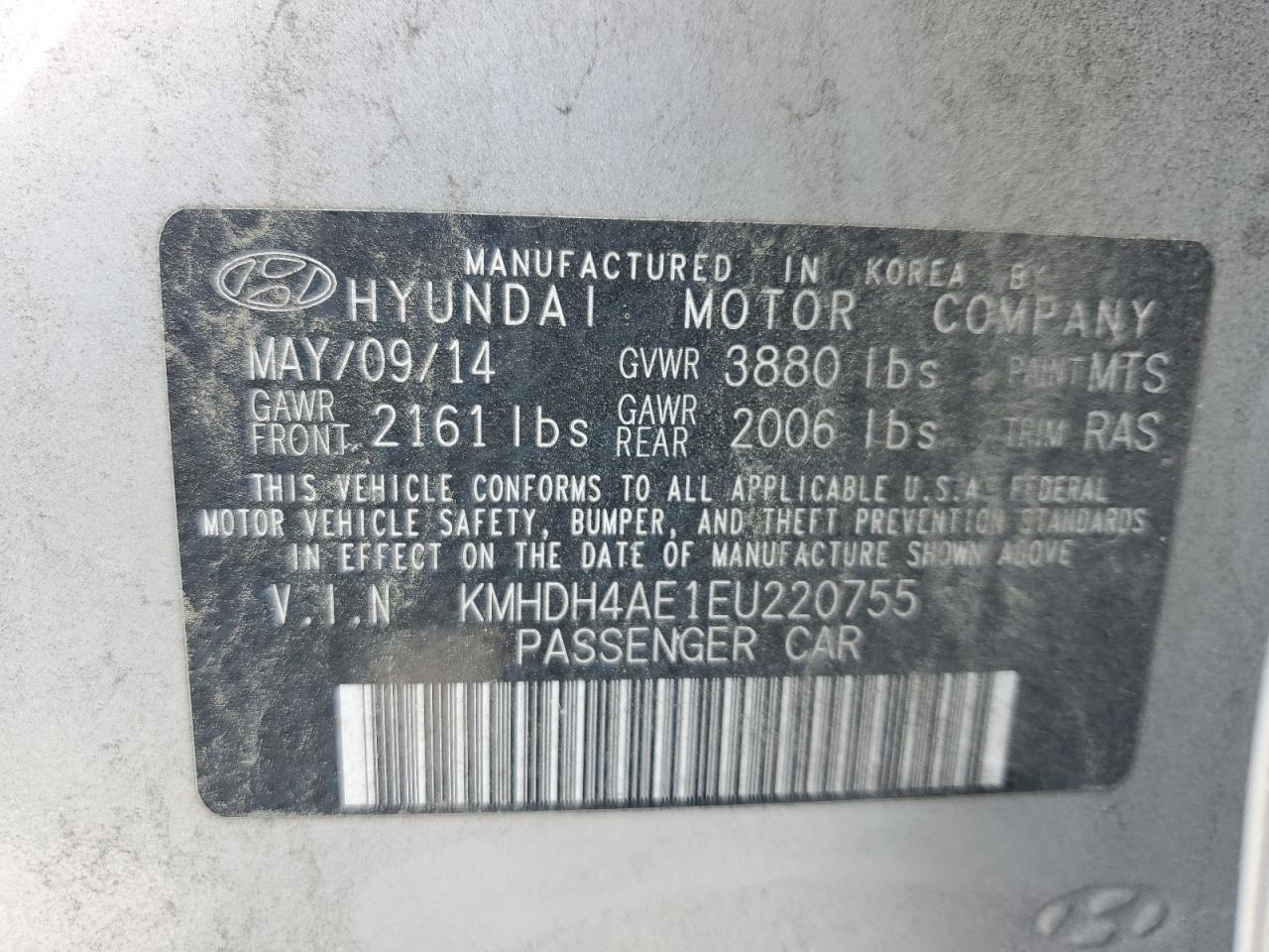 2014 Hyundai Elantra Se VIN: KMHDH4AE1EU220755 Lot: 63310495