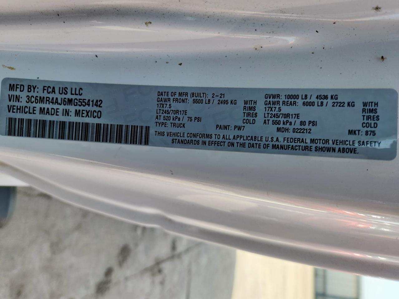2021 Ram 2500 Tradesman VIN: 3C6MR4AJ6MG554142 Lot: 65013125