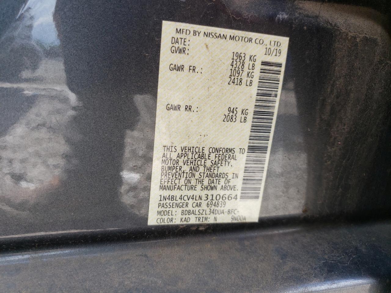 2020 Nissan Altima Sr VIN: 1N4BL4CV4LN310664 Lot: 64036835