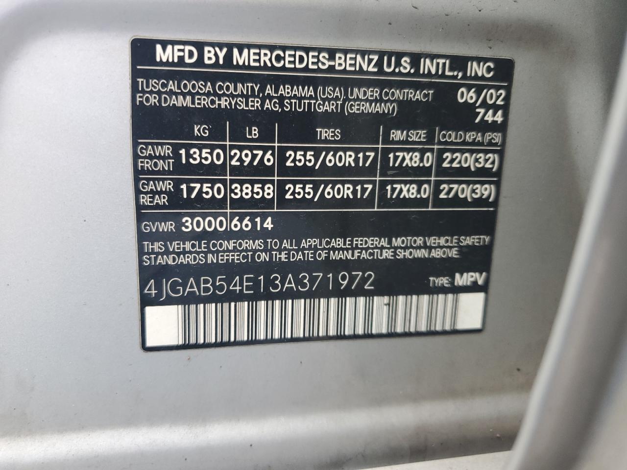 2003 Mercedes-Benz Ml 320 VIN: 4JGAB54E13A371972 Lot: 65198495