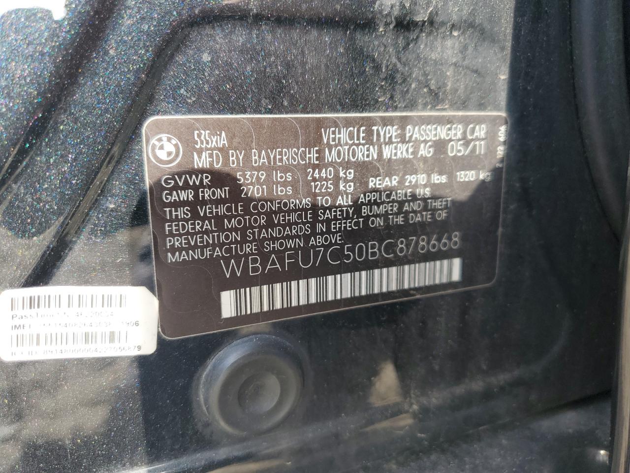 2011 BMW 535 Xi VIN: WBAFU7C50BC878668 Lot: 65682165