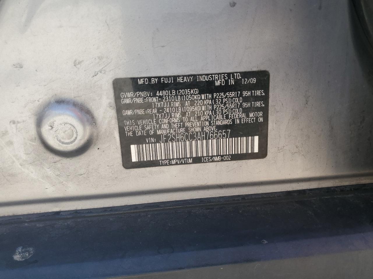 2010 Subaru Forester 2.5X Premium VIN: JF2SH6CC3AH766657 Lot: 65210685