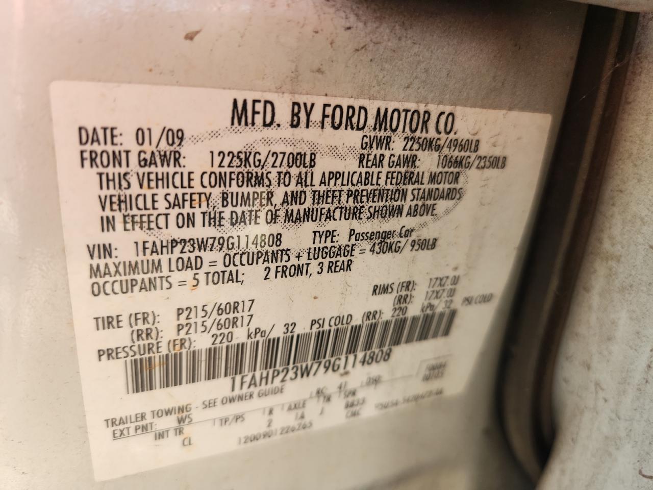 2009 Ford Taurus Se VIN: 1FAHP23W79G114808 Lot: 64287805