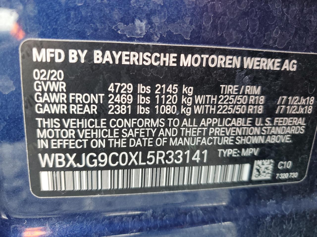 2020 BMW X1 xDrive28I VIN: WBXJG9C0XL5R33141 Lot: 63040155