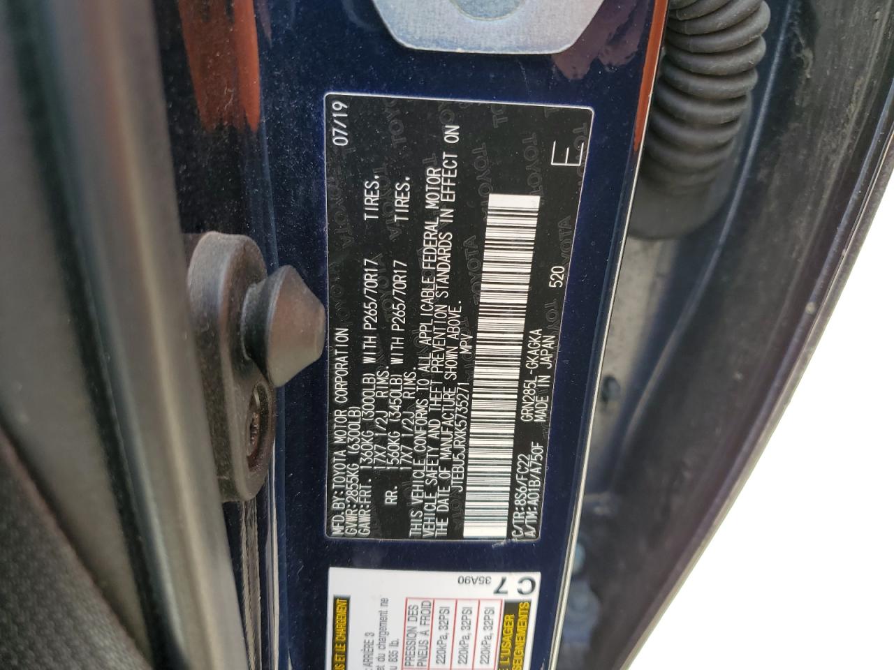 2019 Toyota 4Runner Sr5/Sr5 Premium VIN: JTEBU5JRXK5735271 Lot: 64787725
