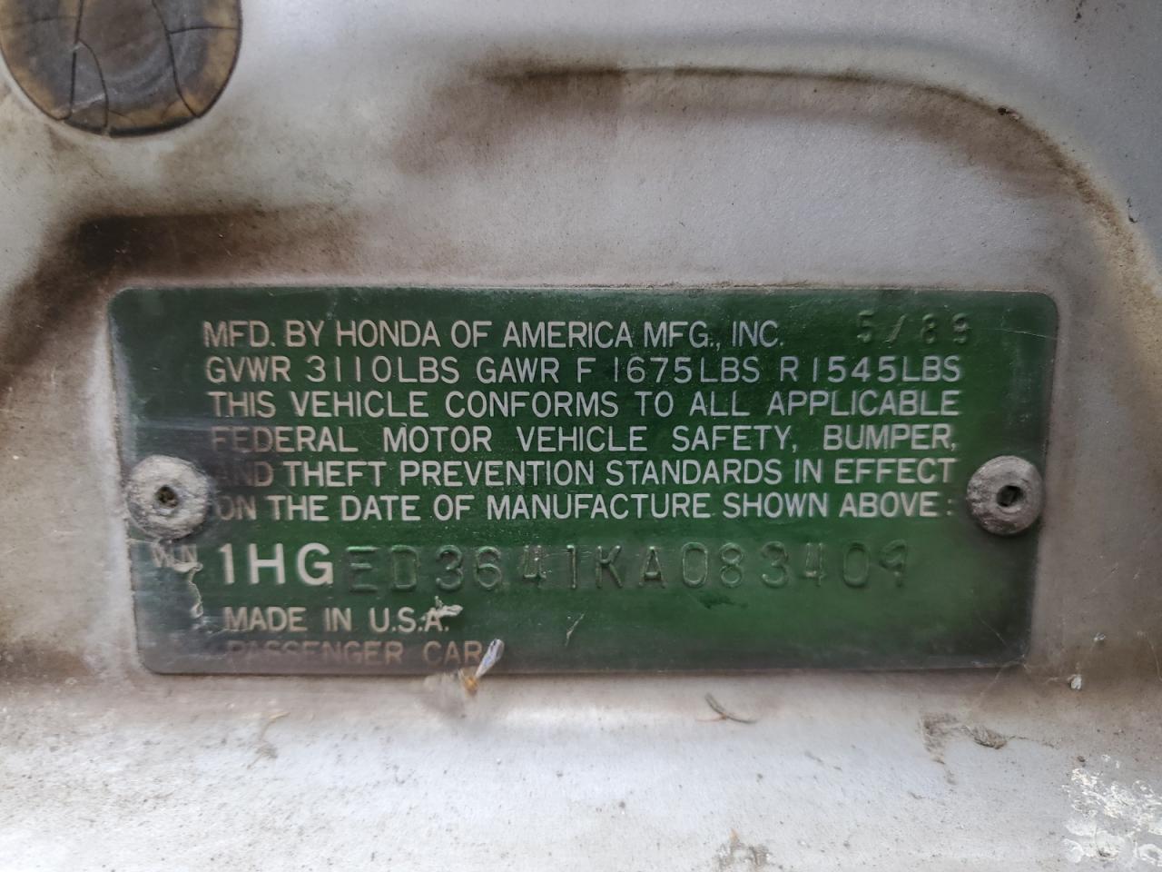 1989 Honda Civic Dx VIN: 1HGED3641KA083409 Lot: 65163045