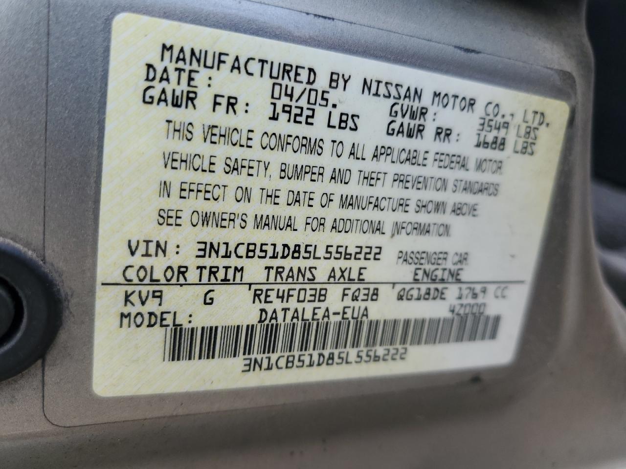 2005 Nissan Sentra 1.8 VIN: 3N1CB51D85L556222 Lot: 61375975
