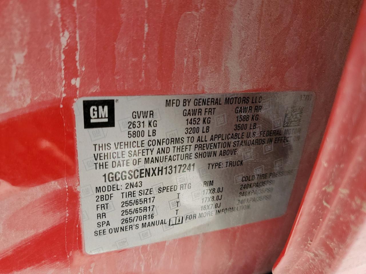 1gcgscenxh1317241 1GCGSCENXH1317241 2017 Chevrolet Colorado Lt