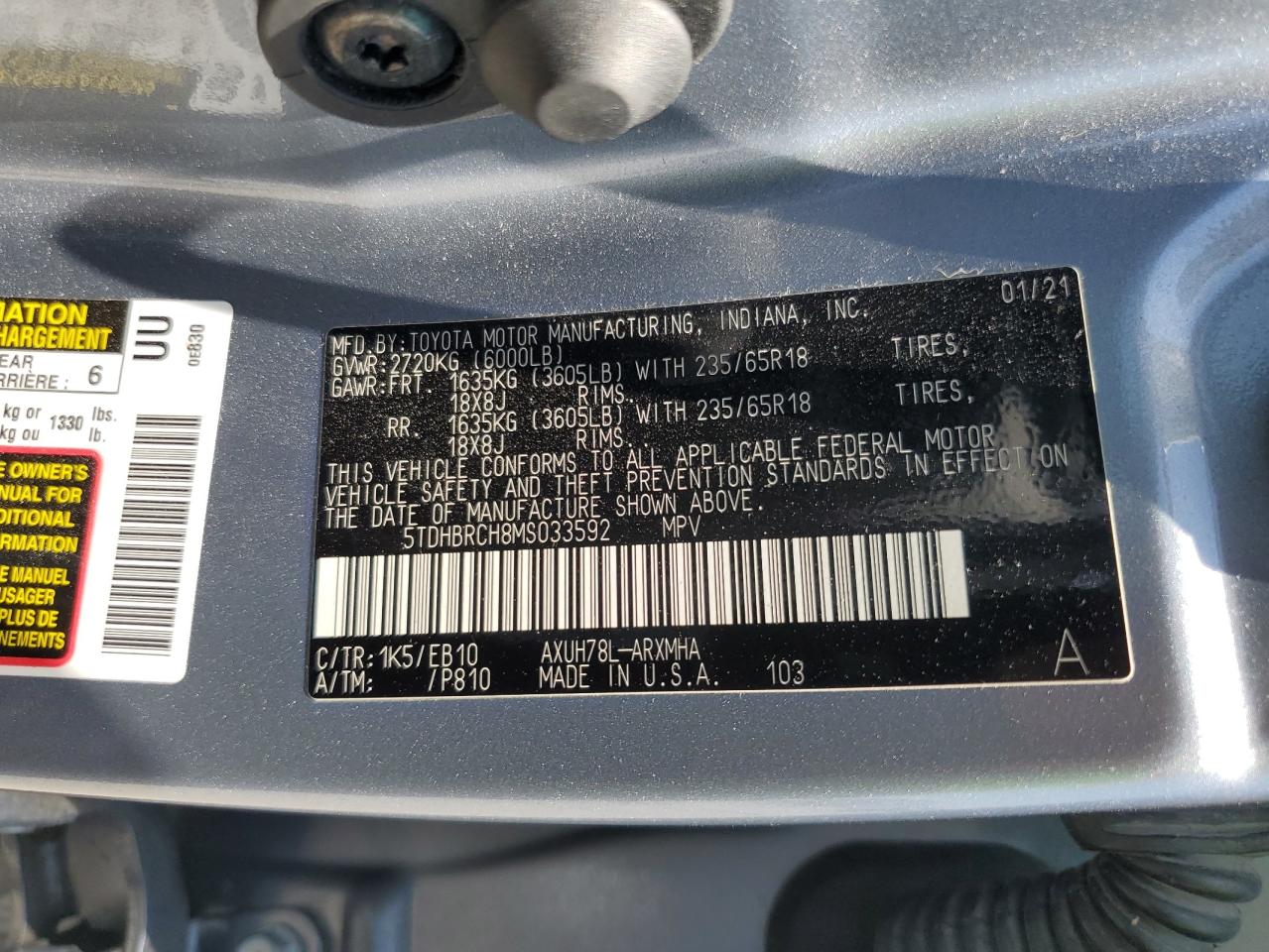 2021 Toyota Highlander Hybrid Xle VIN: 5TDHBRCH8MS033592 Lot: 64853725