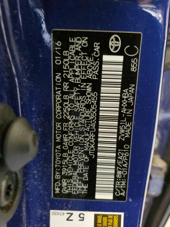 2016 Toyota Prius VIN: JTDKARFU4G3505455 Lot: 65203305