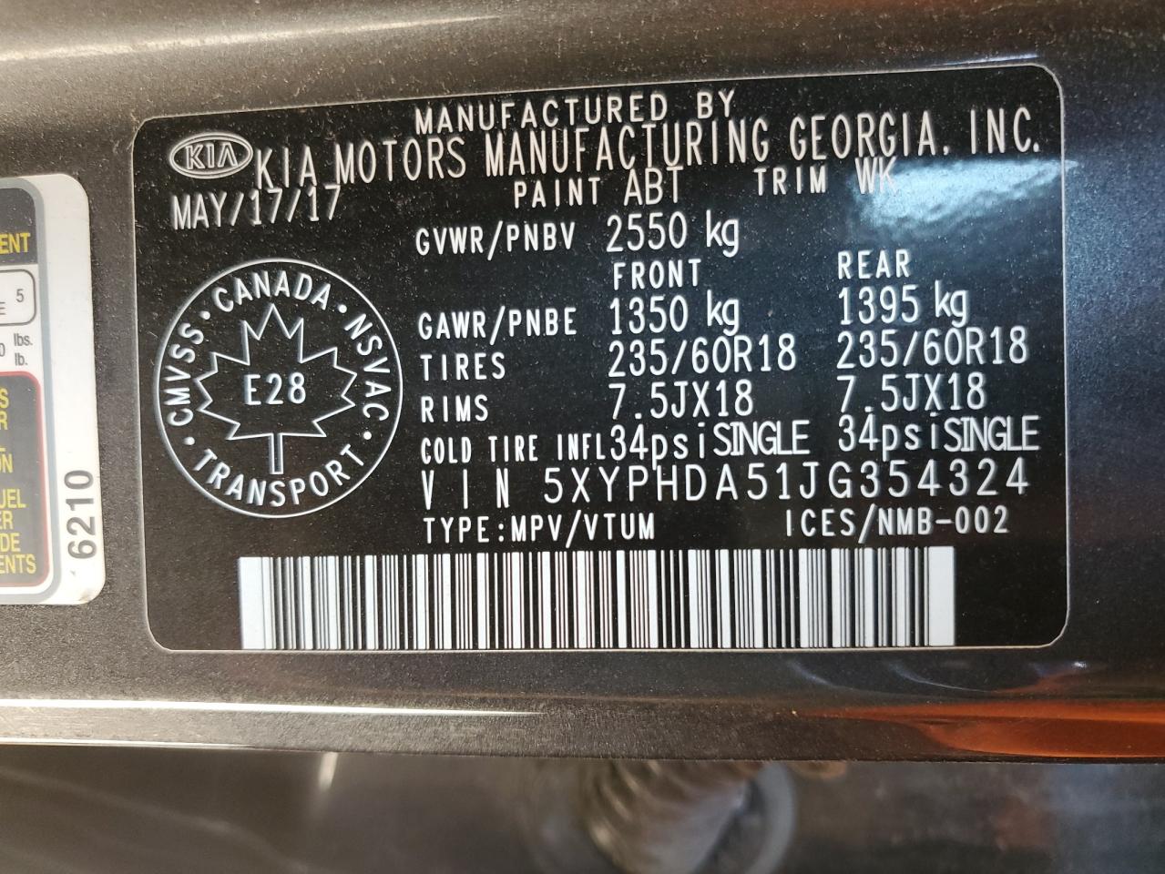 2018 Kia Sorento Ex VIN: 5XYPHDA51JG354324 Lot: 64730385