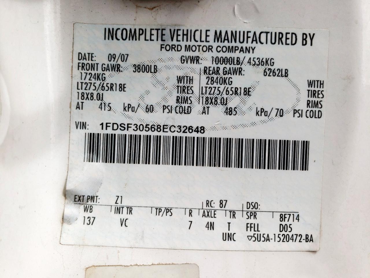 2008 Ford F350 Srw Super Duty VIN: 1FDSF30568EC32648 Lot: 62940425