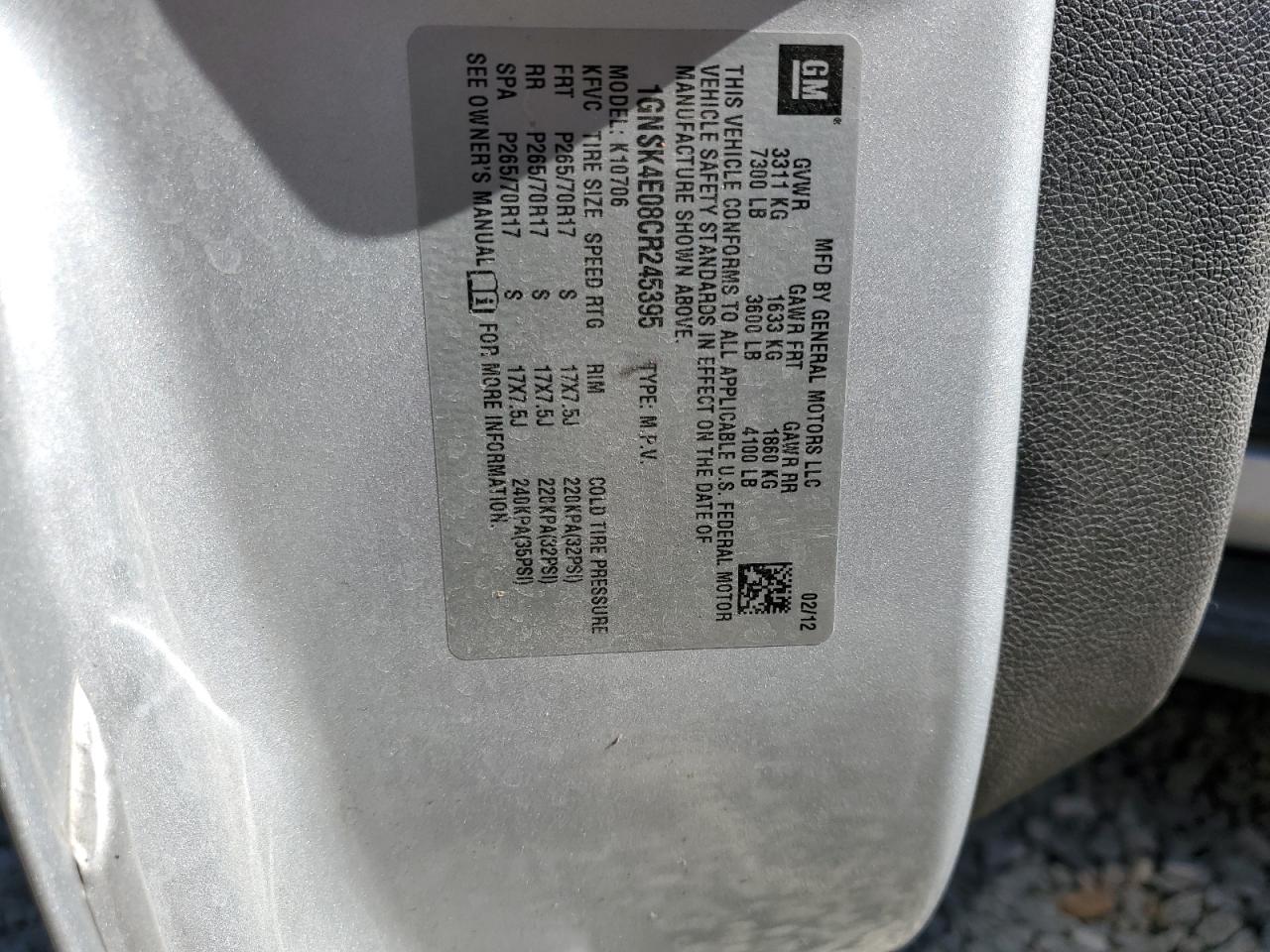 2012 Chevrolet Tahoe K1500 VIN: 1GNSK4E08CR245395 Lot: 65290375