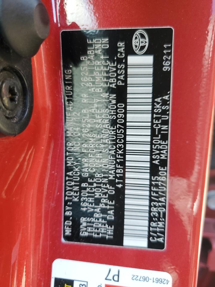 4t1bf1fk3cu570900 4T1BF1FK3CU570900 2012 Toyota Camry Base