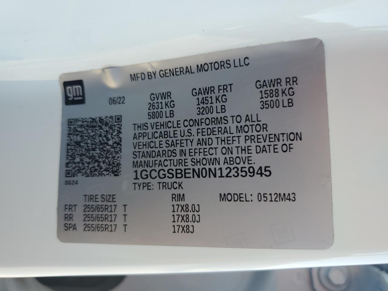 2022 Chevrolet Colorado VIN: 1GCGSBEN0N1235945 Lot: 63627795