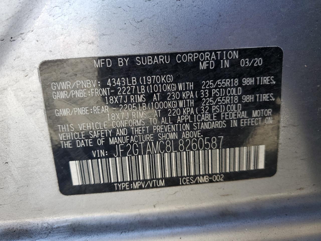 2020 Subaru Crosstrek Limited VIN: JF2GTAMC8L8260587 Lot: 64891175