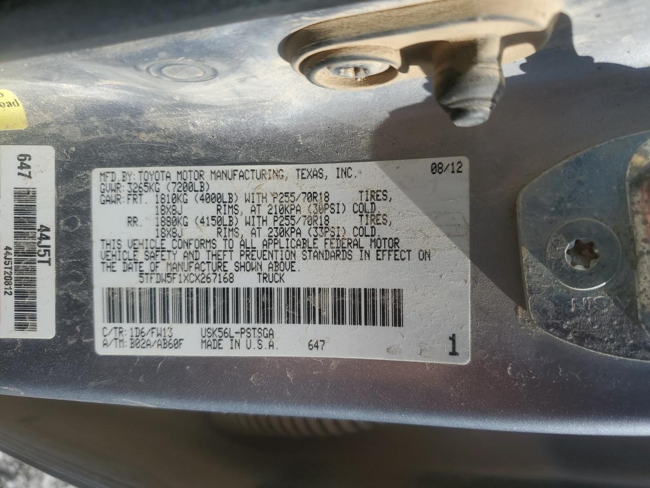 2012 Toyota Tundra Crewmax Sr5 VIN: 5TFDW5F1XCX267168 Lot: 65353745