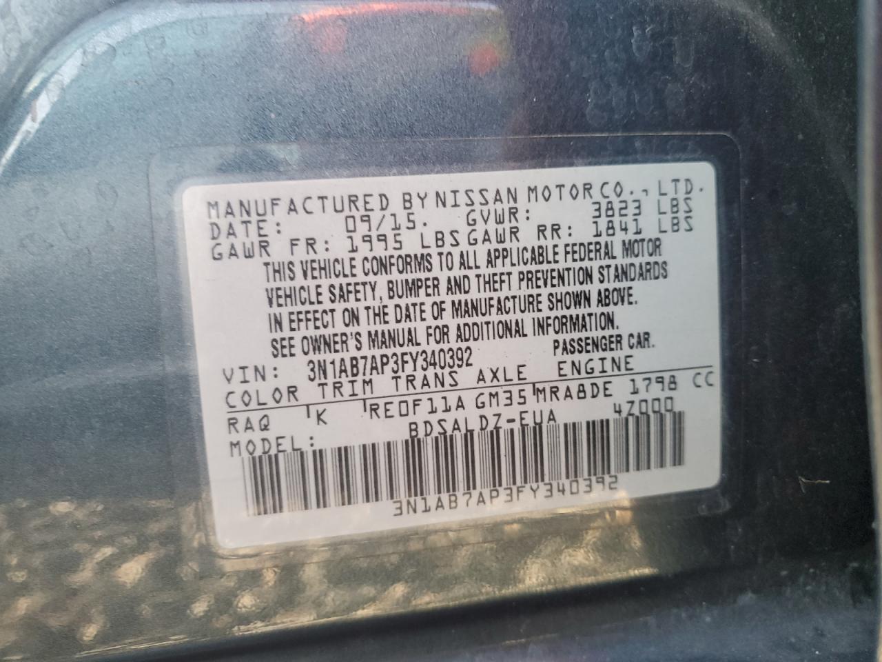 2015 Nissan Sentra S VIN: 3N1AB7AP3FY340392 Lot: 65057165