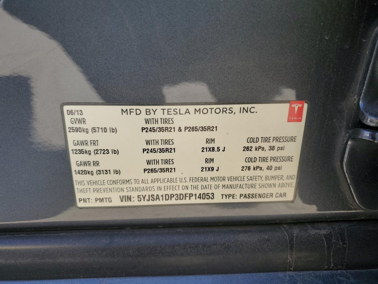 2013 Tesla Model S VIN: 5YJSA1DP3DFP14053 Lot: 62552465