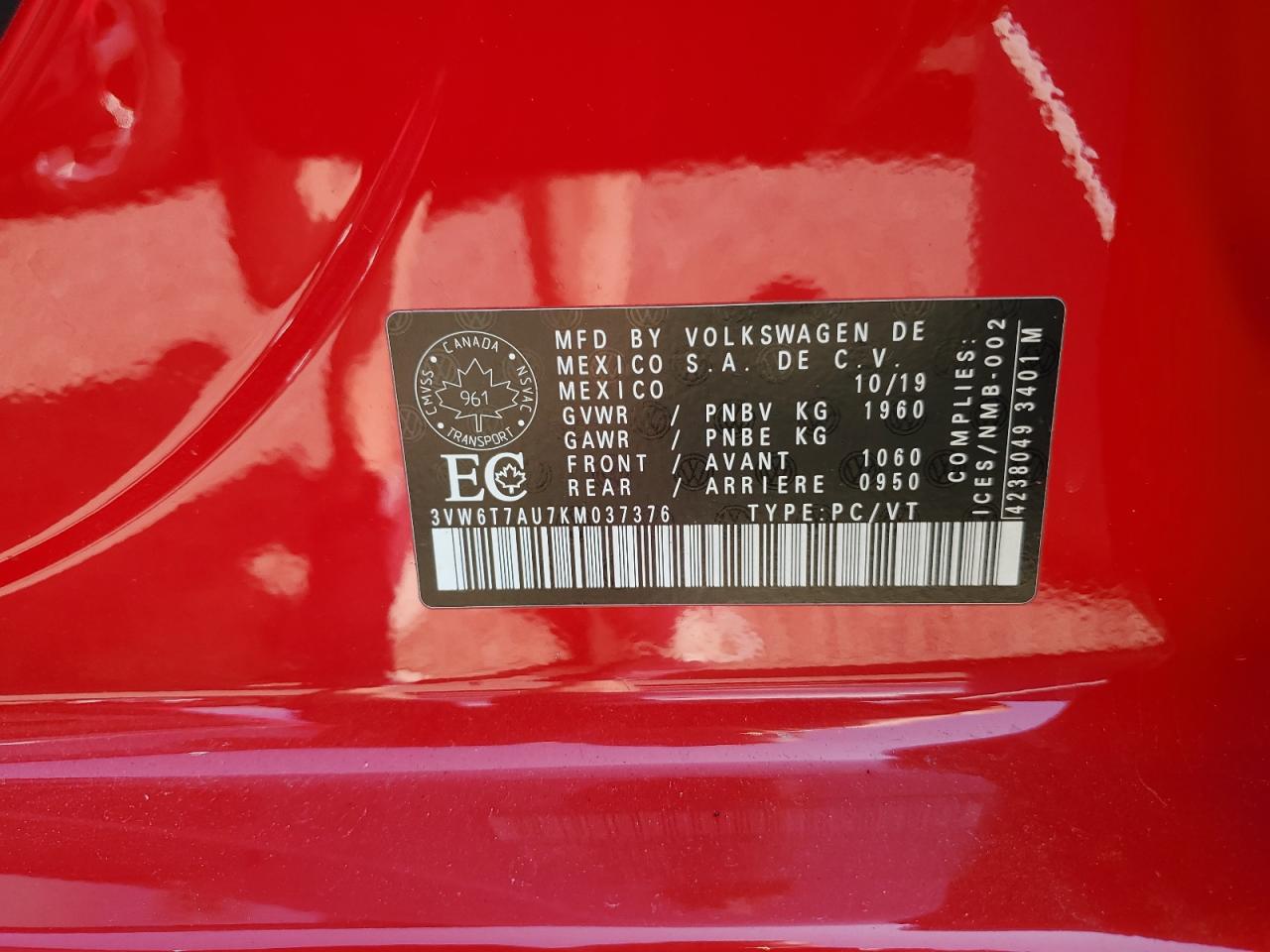 2019 Volkswagen Gti S VIN: 3VW6T7AU7KM037376 Lot: 66514435