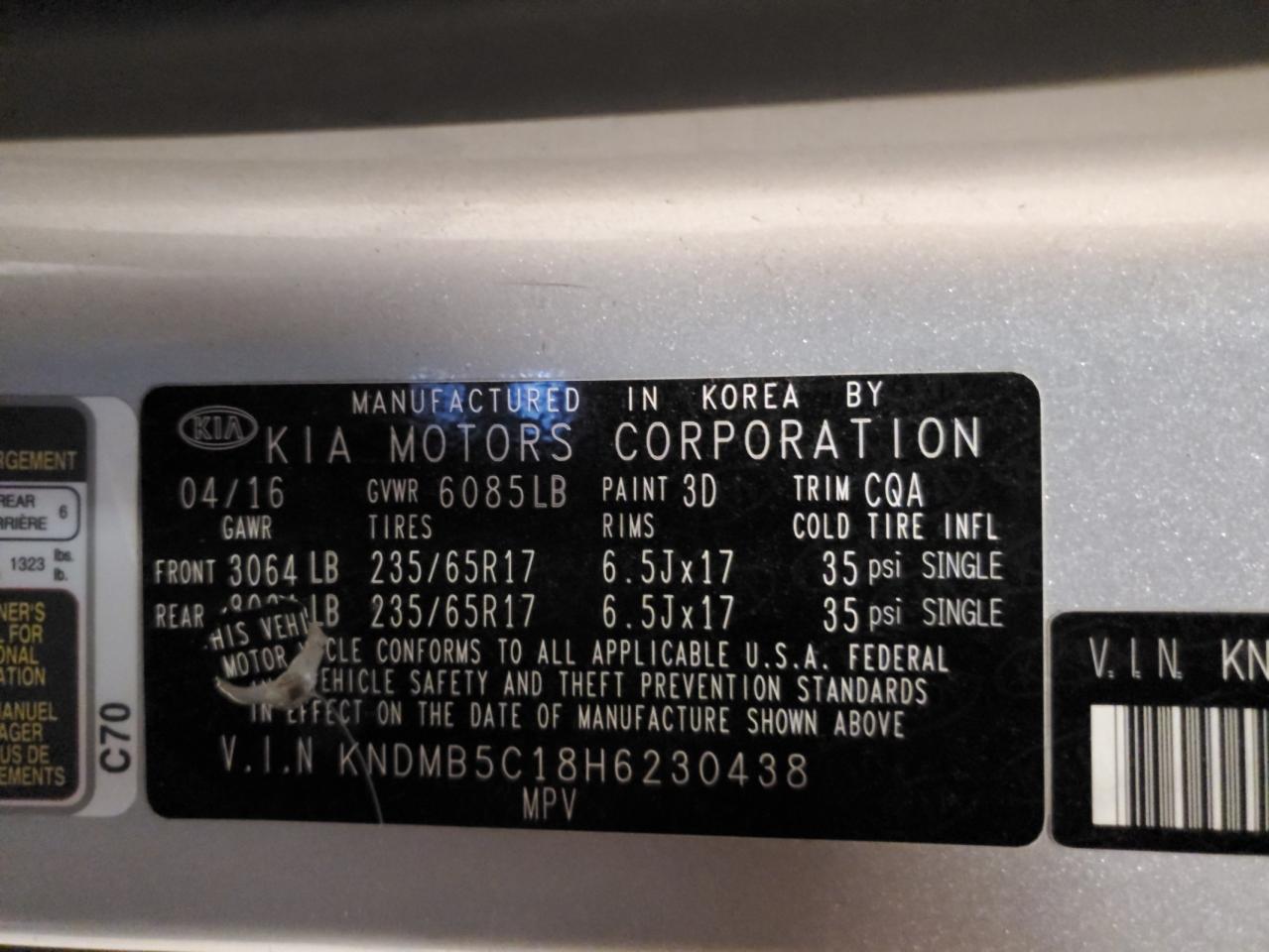 2017 Kia Sedona Lx VIN: KNDMB5C18H6230438 Lot: 64853925
