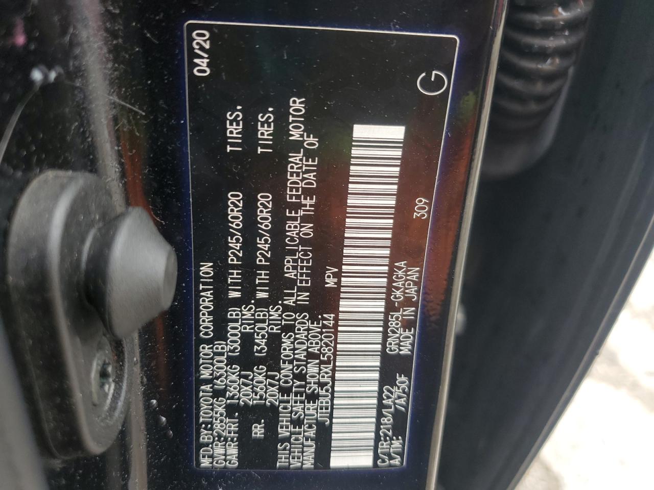 2020 Toyota 4Runner Sr5/Sr5 Premium VIN: JTEBU5JRXL520144 Lot: 67086945