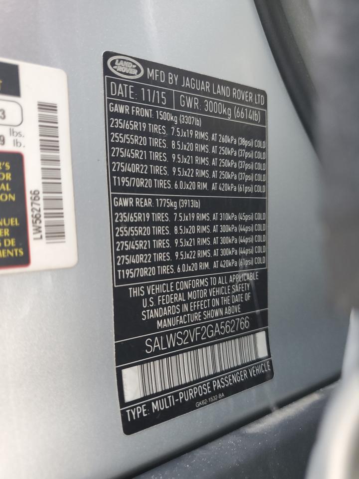 2016 Land Rover Range Rover Sport Hst VIN: SALWS2VF2GA562766 Lot: 64422095