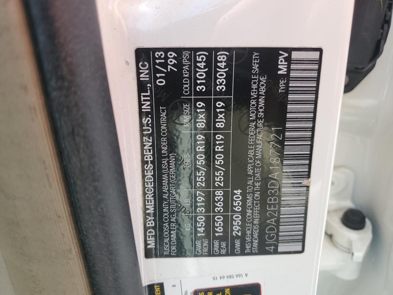2013 Mercedes-Benz Ml 350 Bluetec VIN: 4JGDA2EB3DA187721 Lot: 64618435