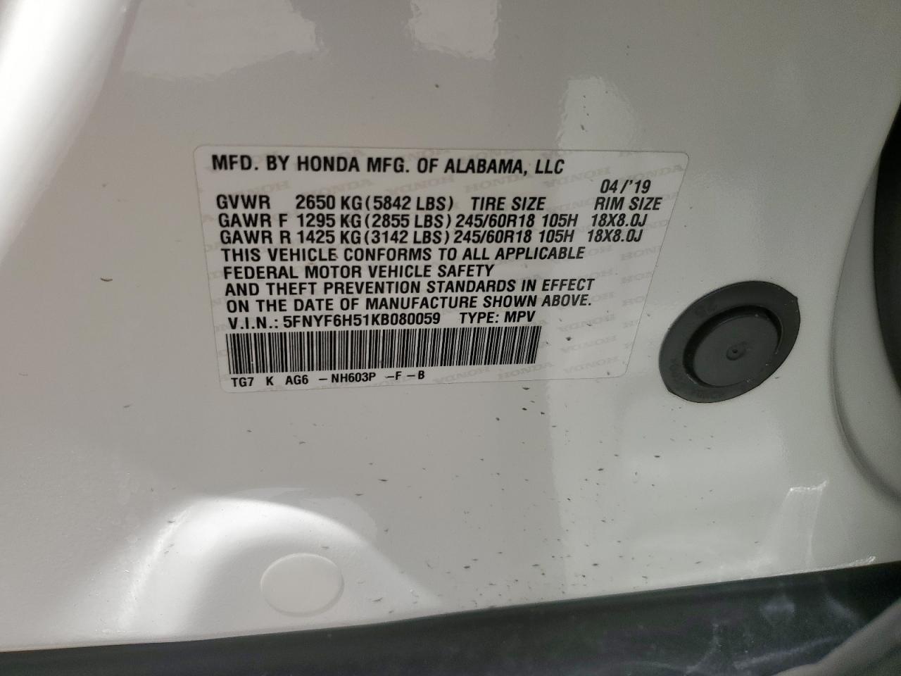 2019 Honda Pilot Exl VIN: 5FNYF6H51KB080059 Lot: 63414655