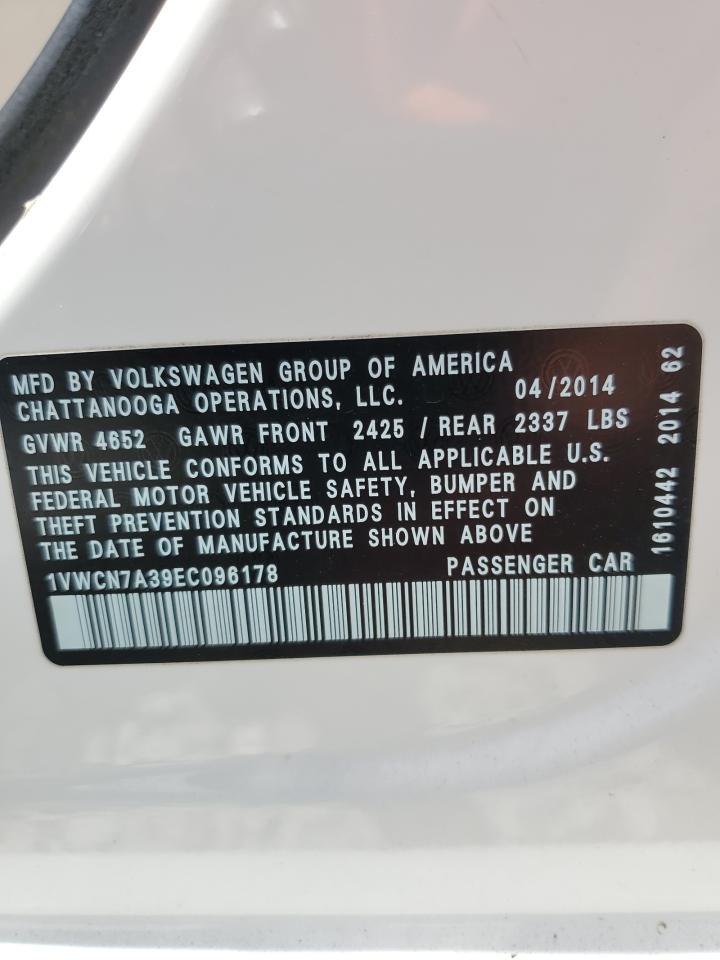 2014 Volkswagen Passat Sel VIN: 1VWCN7A39EC096178 Lot: 64614165