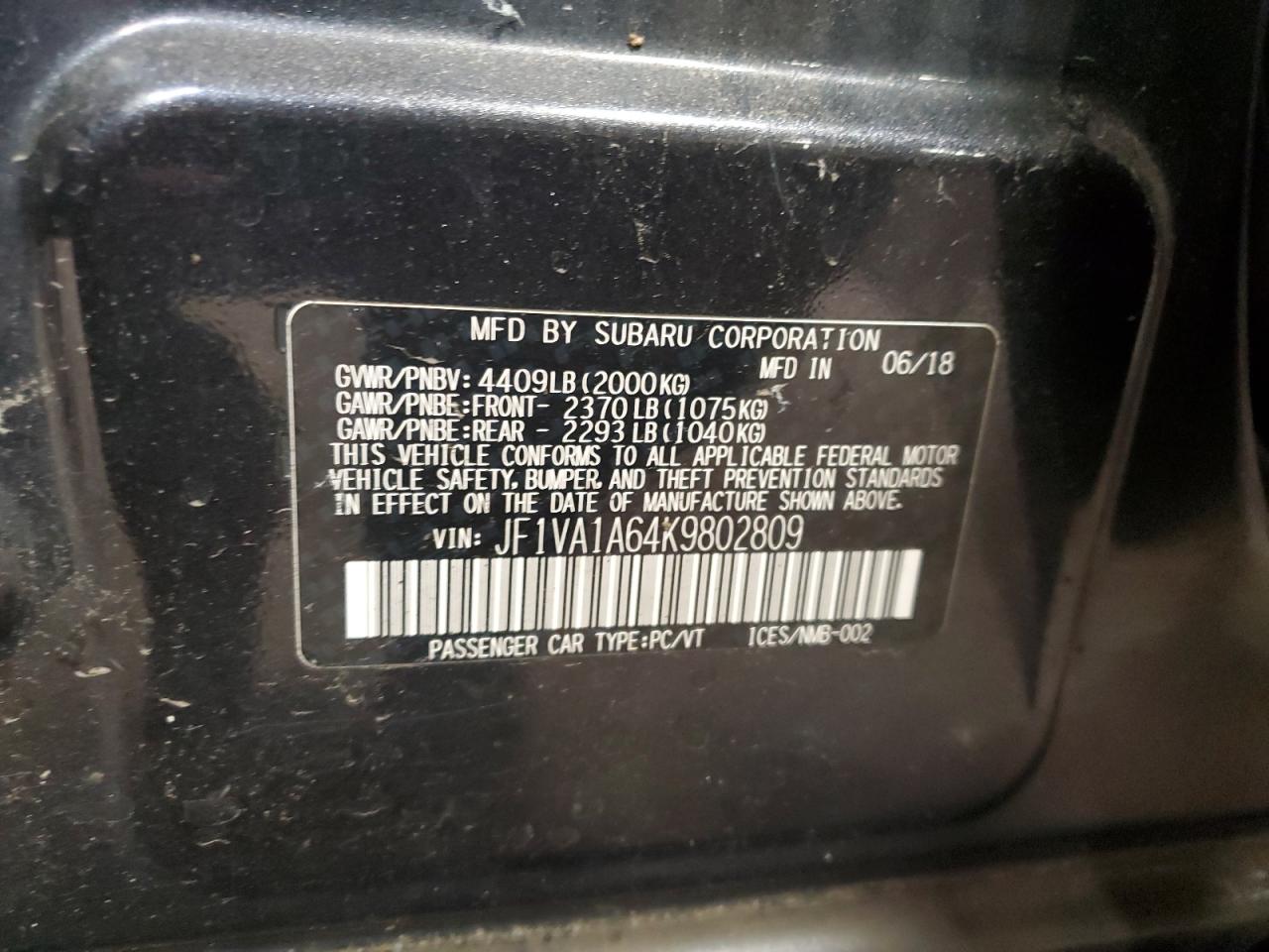 2019 Subaru Wrx VIN: JF1VA1A64K9802809 Lot: 66085125