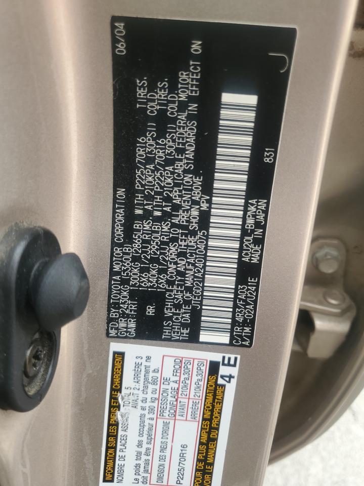 2004 Toyota Highlander VIN: JTEGD21A240104075 Lot: 66840965