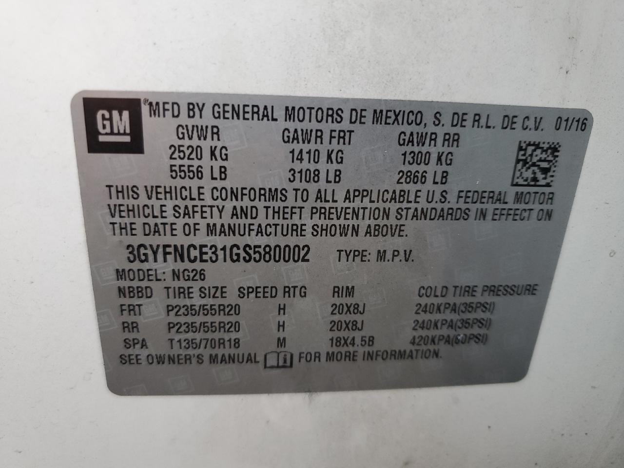 2016 Cadillac Srx Performance Collection VIN: 3GYFNCE31GS580002 Lot: 62667475