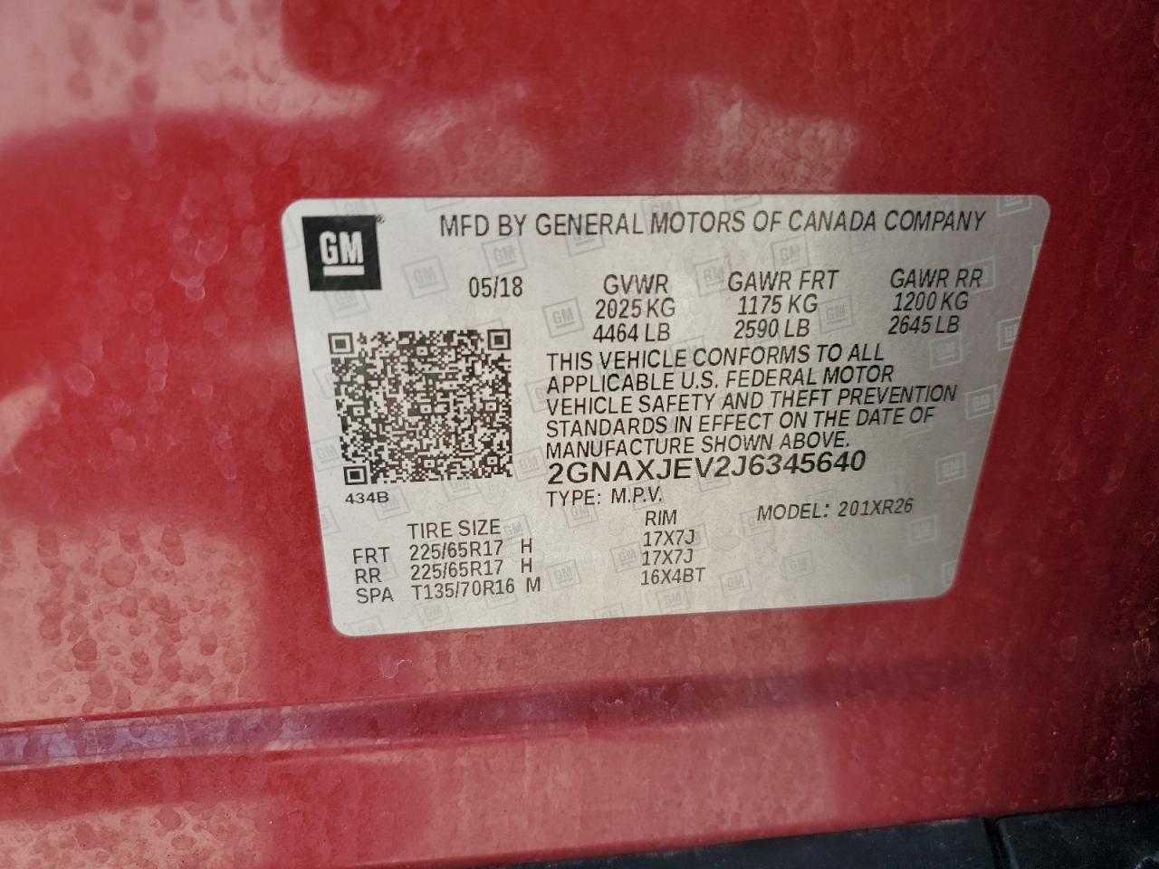2018 Chevrolet Equinox Lt VIN: 2GNAXJEV2J6345640 Lot: 63108355