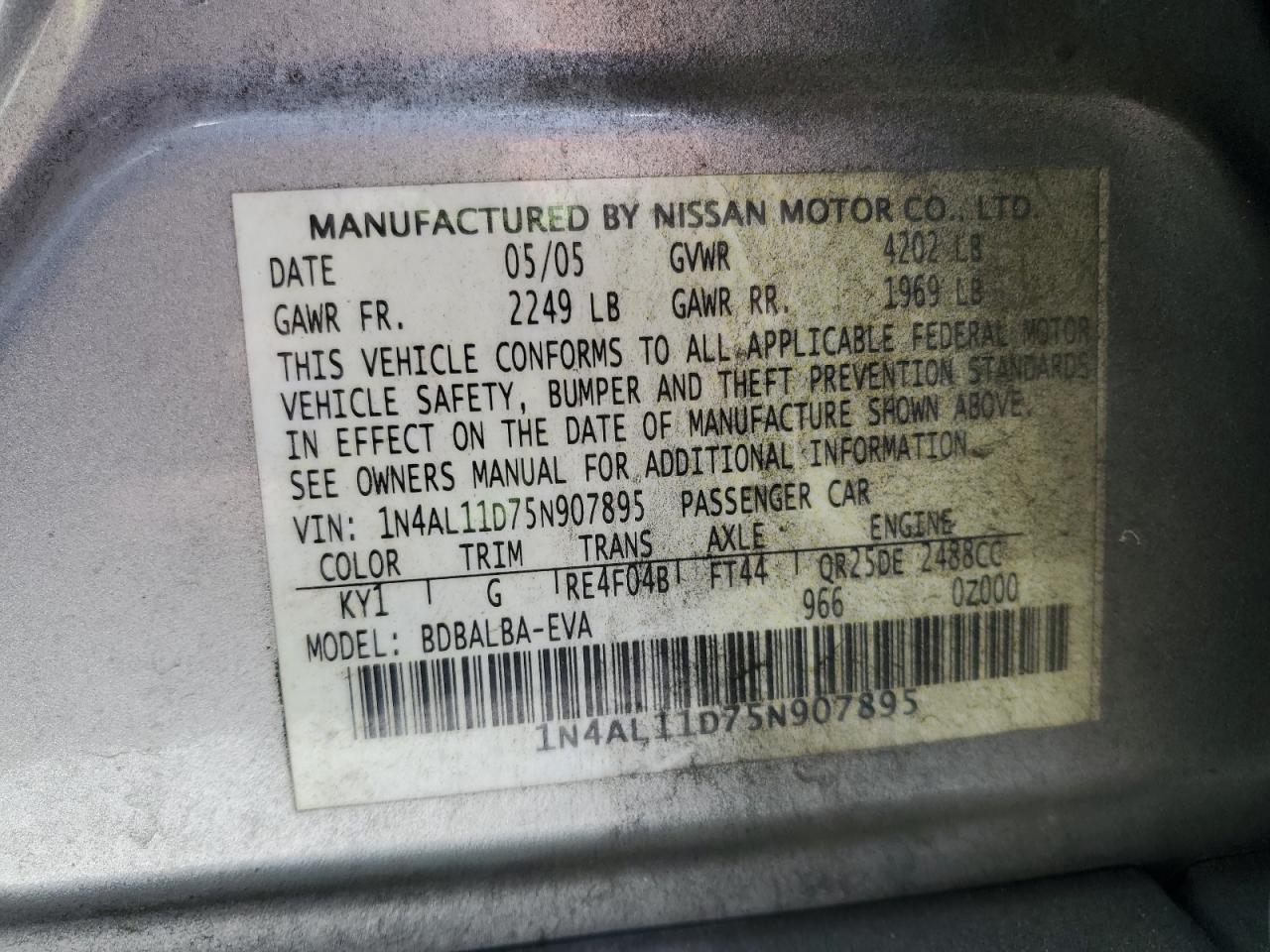 1n4al11d75n907895 1N4AL11D75N907895 2005 Nissan Altima S
