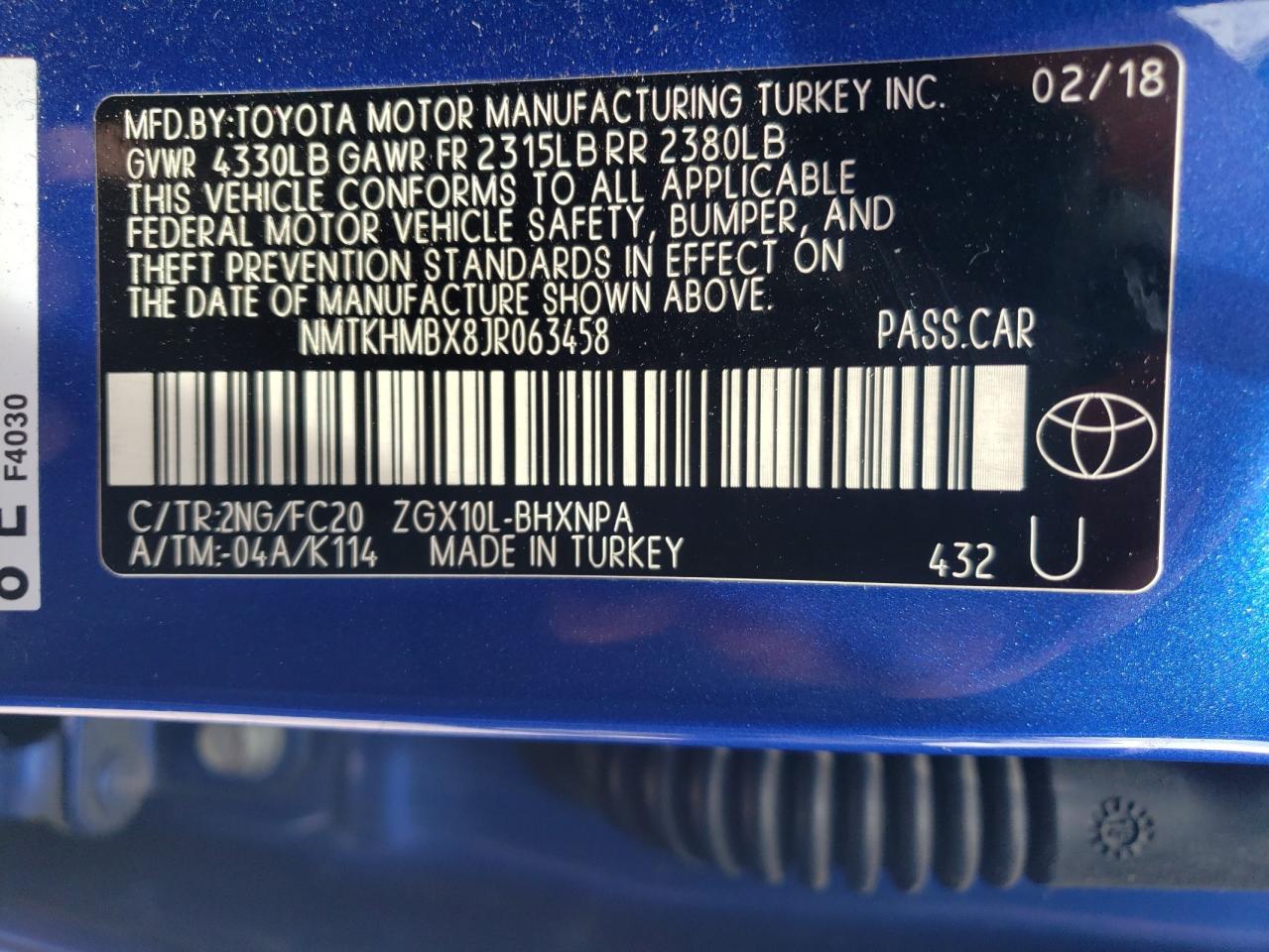 2018 Toyota C-Hr Xle VIN: NMTKHMBX8JR063458 Lot: 64206765