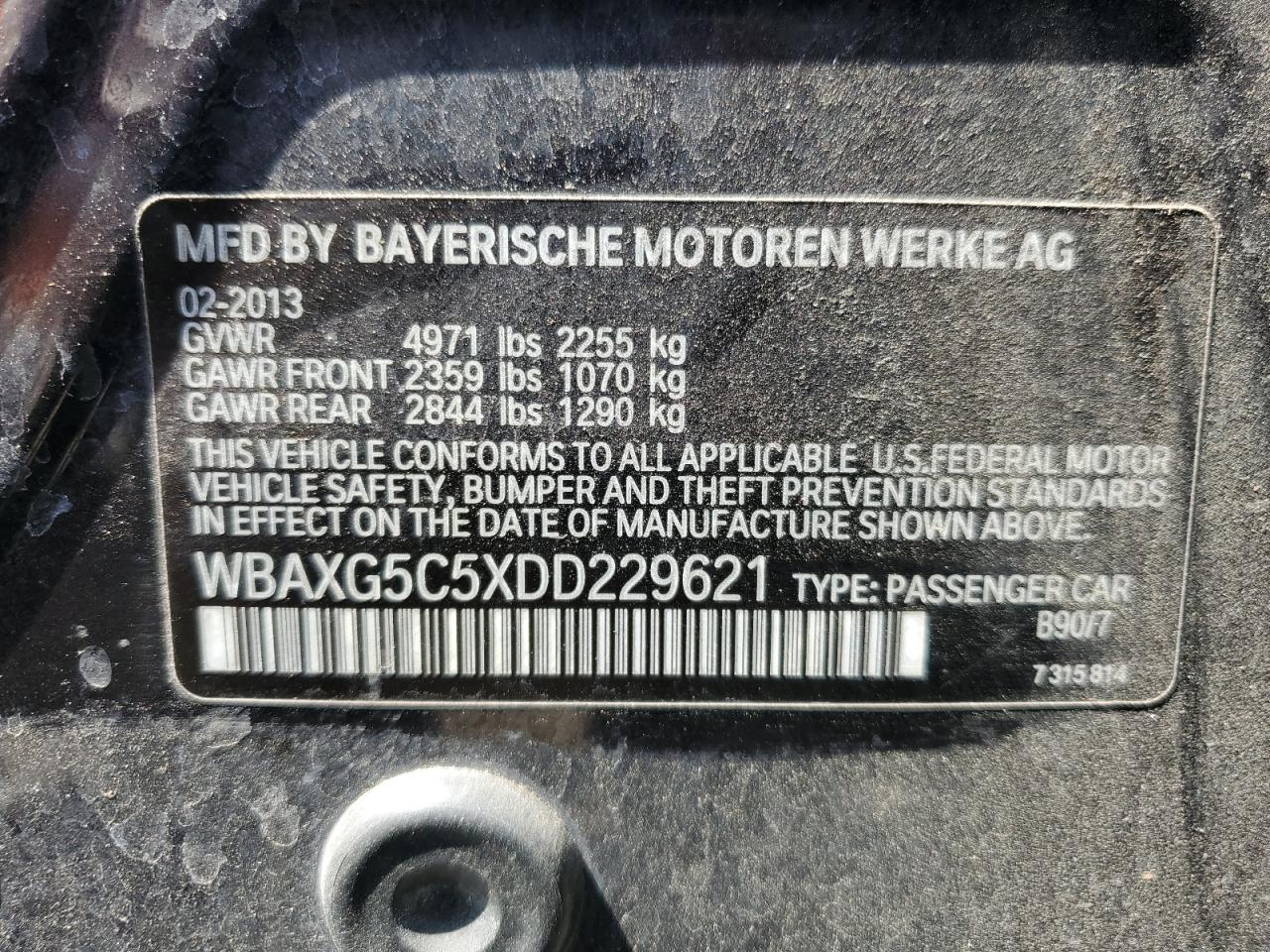 2013 BMW 528 I VIN: WBAXG5C5XDD229621 Lot: 65037265