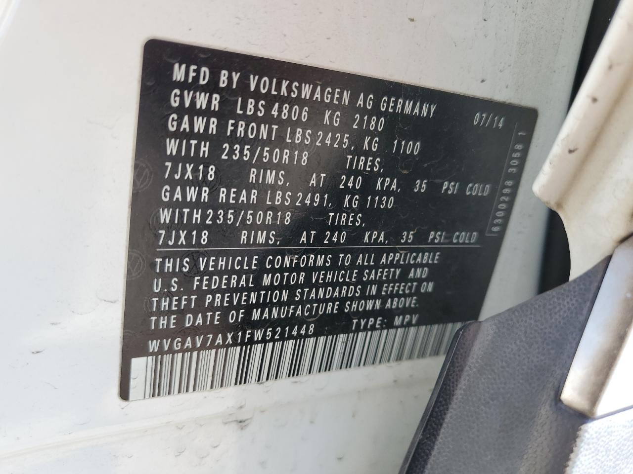 2015 Volkswagen Tiguan S VIN: WVGAV7AX1FW521448 Lot: 64055845