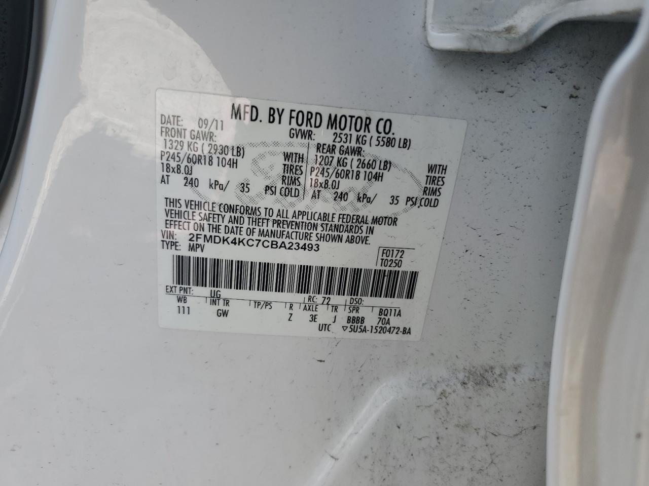 2012 Ford Edge Limited VIN: 2FMDK4KC7CBA23493 Lot: 64471305