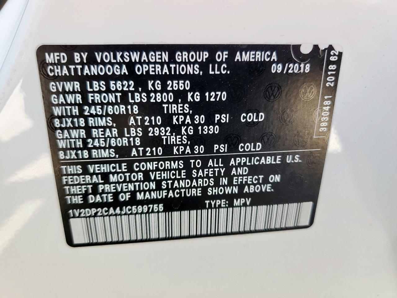 2018 Volkswagen Atlas Se VIN: 1V2DP2CA4JC599755 Lot: 63575825