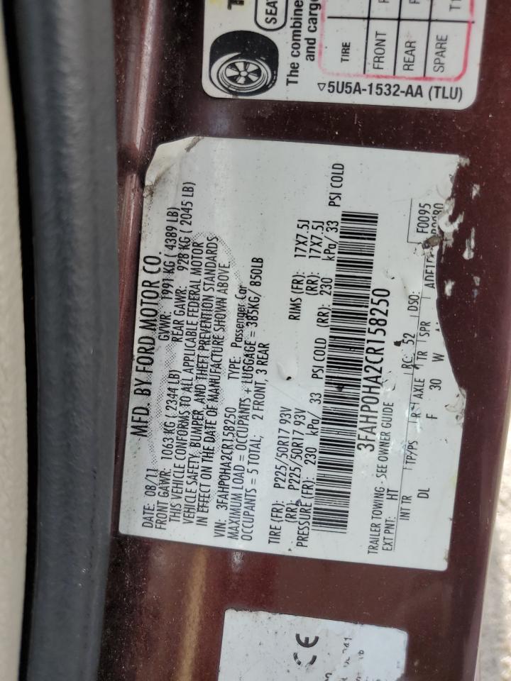2012 Ford Fusion Se VIN: 3FAHP0HA2CR158250 Lot: 64132185