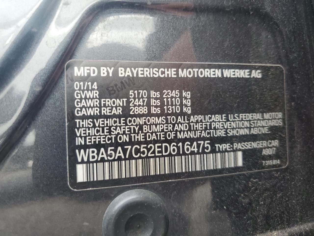 2014 BMW 528 Xi VIN: WBA5A7C52ED616475 Lot: 64597745
