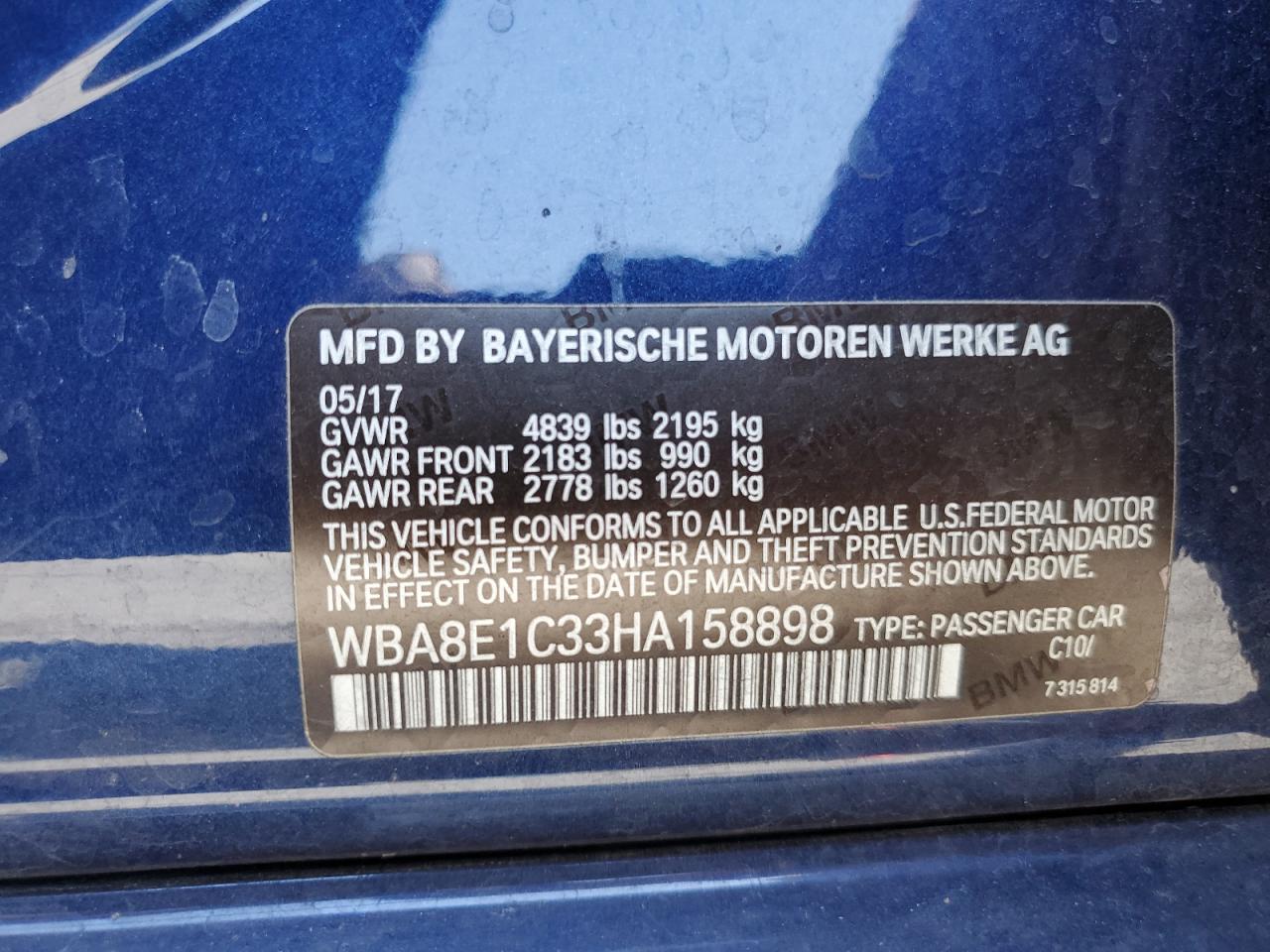 2017 BMW 330E VIN: WBA8E1C33HA158898 Lot: 64574485