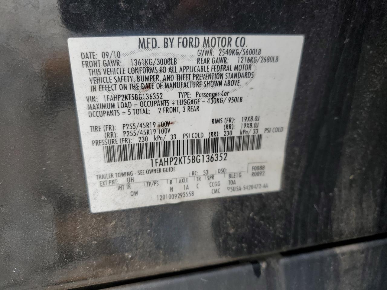 2011 Ford Taurus Sho VIN: 1FAHP2KT5BG136352 Lot: 63974625