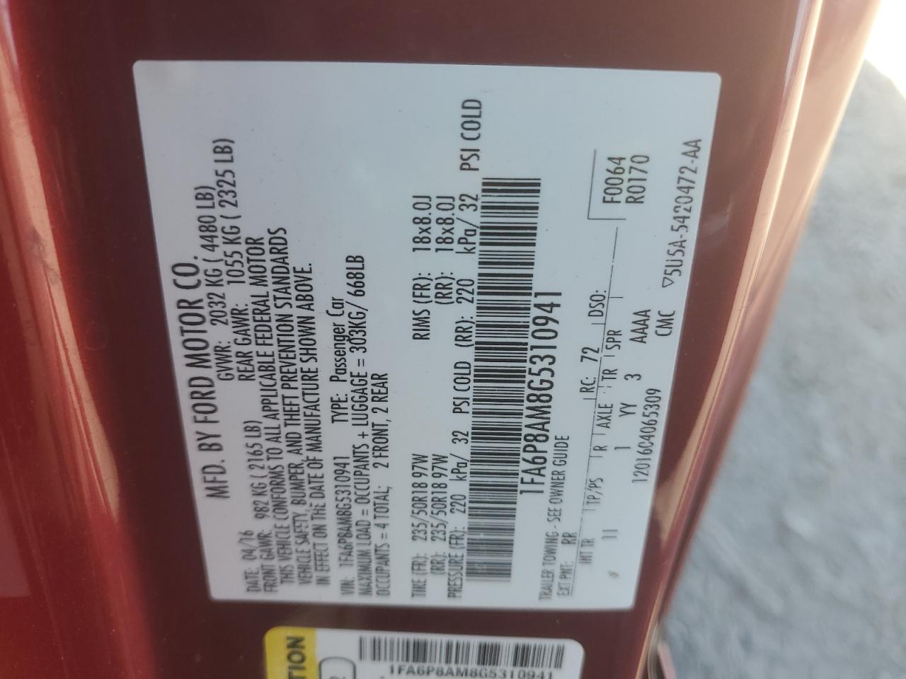 2016 Ford Mustang VIN: 1FA6P8AM8G5310941 Lot: 64781745