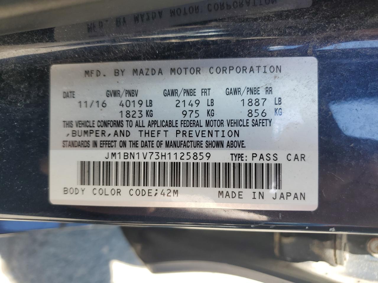 2017 Mazda 3 Touring VIN: JM1BN1V73H1125859 Lot: 65023235