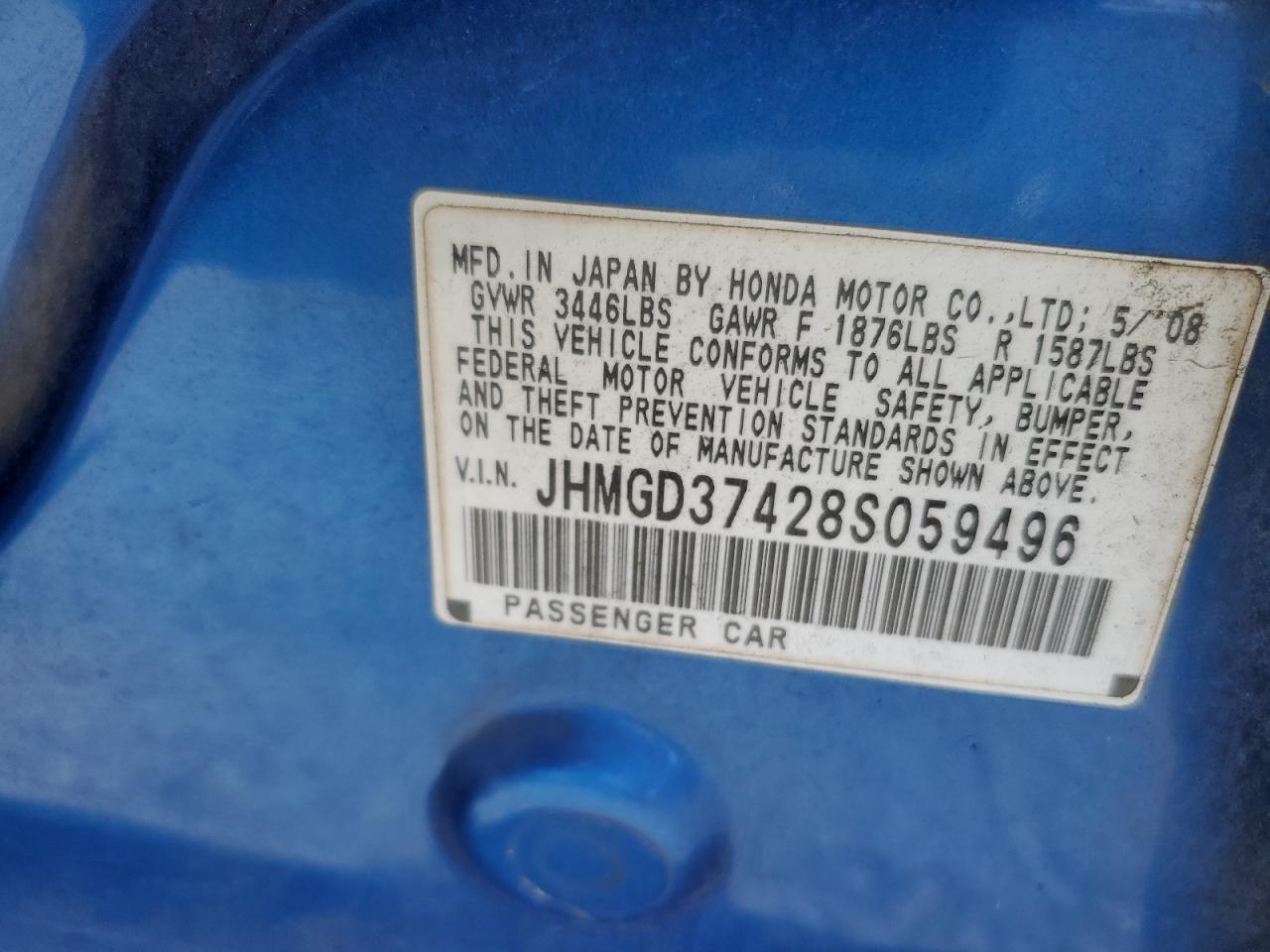 2008 Honda Fit VIN: JHMGD37428S059496 Lot: 64445795
